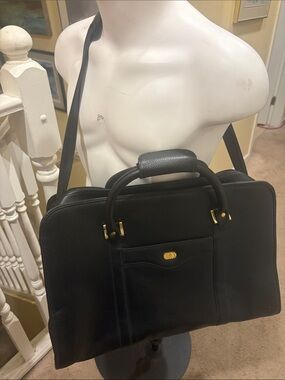 large Men's Black Leather Briefcase with Gold-Tone Hardware by AOUSHA